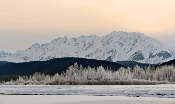 Snowcovered Mountains in  Alaska. Chilkat State Park. Mud Bay. HAINES. Alaska. USA