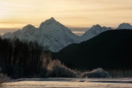 Snowcovered Mountains in  Alaska. Chilkat State Park. Mud Bay. HAINES. Alaska. USA