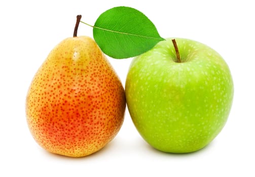 Fresh ripe pear and apple isolated on white background