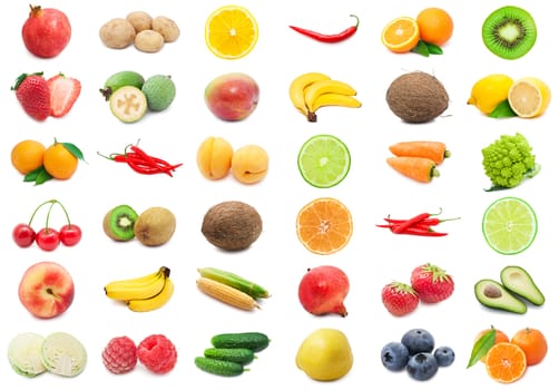 Collection of various fruits and vegetables isolated on white background