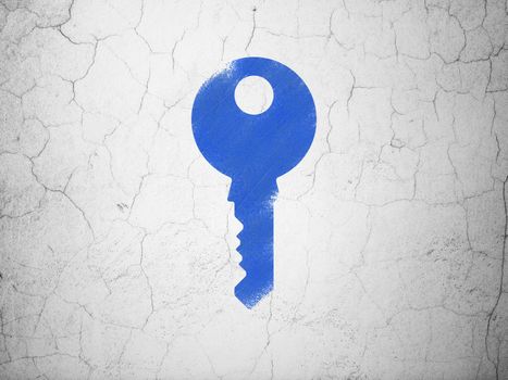 Privacy concept: Blue Key on textured concrete wall background, 3d render