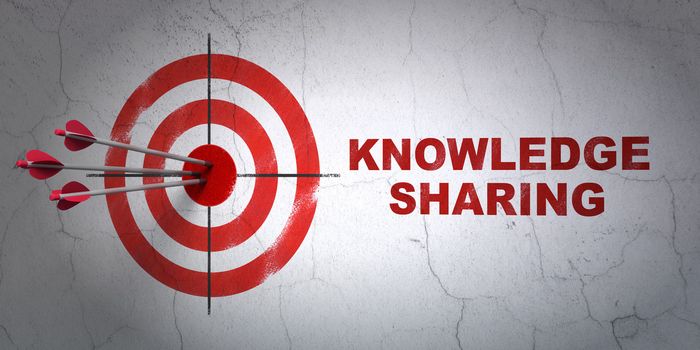 Success Education concept: arrows hitting the center of target, Red Knowledge Sharing on wall background, 3d render