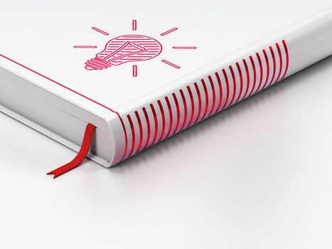 Finance concept: closed book with Red Light Bulb icon on floor, white background, 3d render