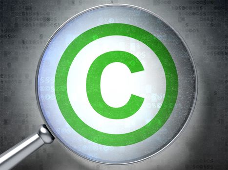 Law concept: magnifying optical glass with Copyright icon on digital background, 3d render