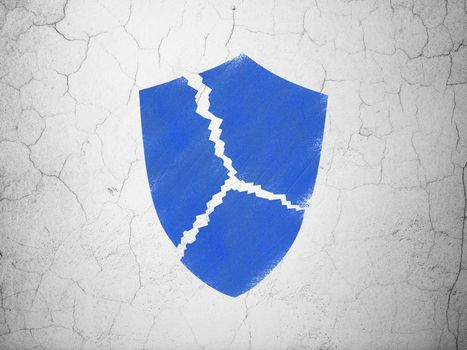 Protection concept: Blue Broken Shield on textured concrete wall background, 3d render