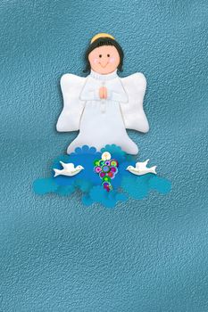 first communion invitation cheerful angel and Chalice  with empty space for data from children