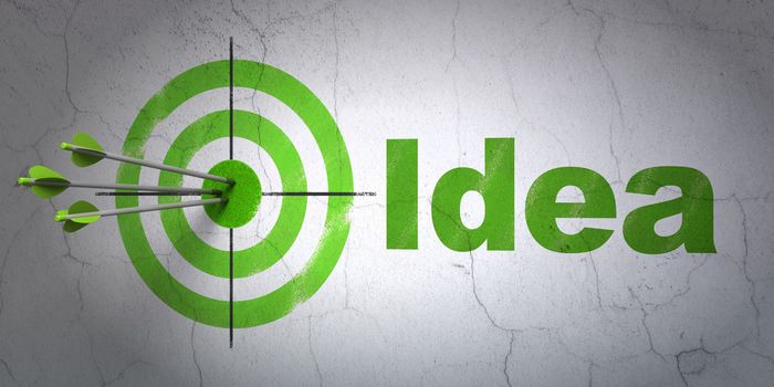 Success marketing concept: arrows hitting the center of target, Green Idea on wall background, 3d render