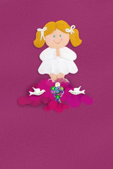 invitation or reminder cute first communion chalice and doves blonde girl with pink background and empty space for text