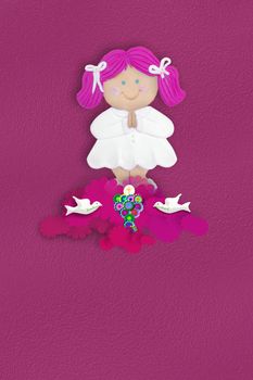 Invitation or reminder first communion chalice and doves Cute girl with pink background and empty space for text