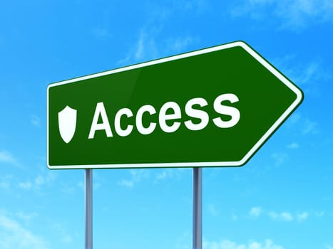 Protection concept: Access and Shield icon on green road (highway) sign, clear blue sky background, 3d render