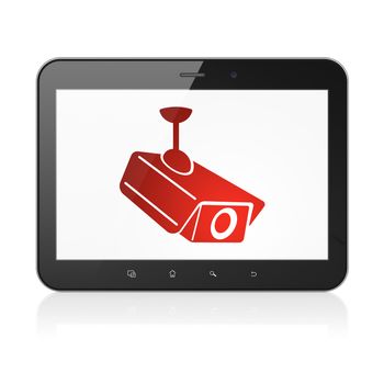 Security concept: black tablet pc computer with Cctv Camera icon on display. Modern portable touch pad on White background, 3d render