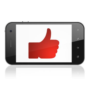 Social media concept: smartphone with Thumb Up icon on display. Mobile smart phone on White background, cell phone 3d render