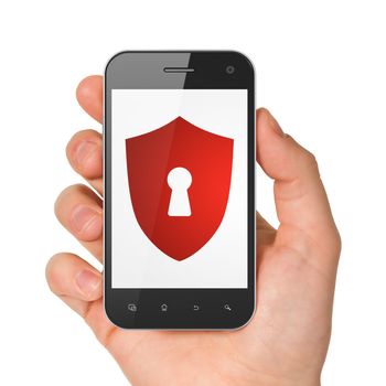 Protection concept: hand holding smartphone with Shield With Keyhole on display. Mobile smart phone on White background, 3d render