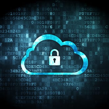 Cloud networking concept: pixelated Cloud With Padlock icon on digital background, 3d render