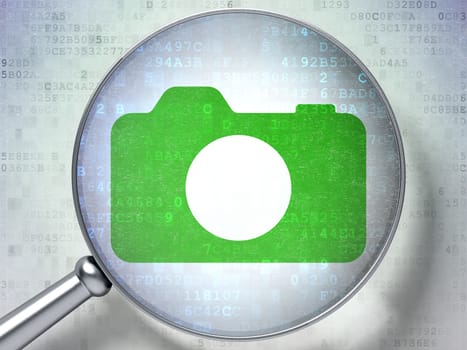 Vacation concept: magnifying optical glass with Photo Camera icon on digital background, 3d render