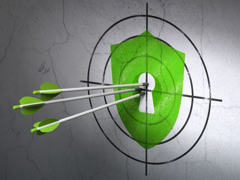 Success security concept: arrows hitting the center of Green Shield With Keyhole target on wall background, 3d render