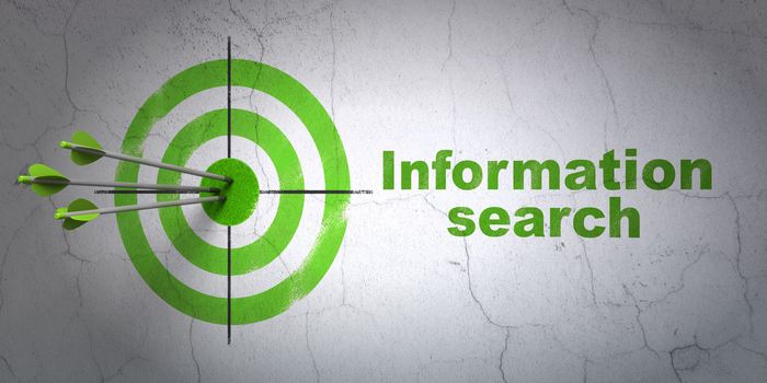 Success Information concept: arrows hitting the center of target, Green Information Search on wall background, 3d render