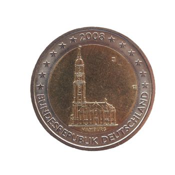 Celebrative German Two Euro coin with Hamburg church