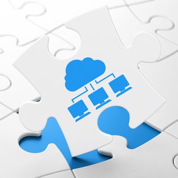 Cloud networking concept: Cloud Network on White puzzle pieces background, 3d render