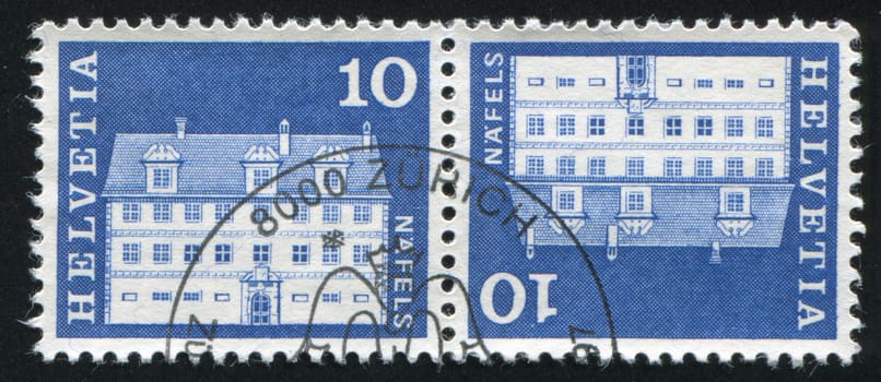 SWITZERLAND - CIRCA 1968: stamp printed by Switzerland, shows Freuler Mansion, Nafels, circa 1968