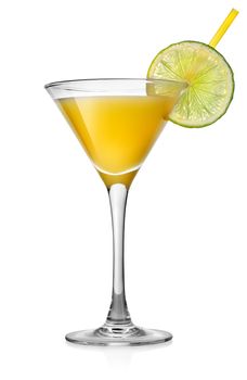 Yellow cocktail with lime isolated on white