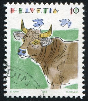 SWITZERLAND - CIRCA 1992: stamp printed by Switzerland, shows Cow, Animals, circa 1992