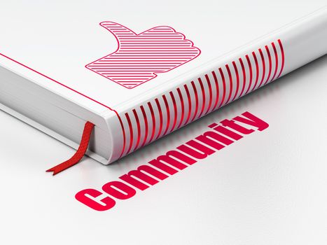 Social network concept: closed book with Red Thumb Up icon and text Community on floor, white background, 3d render