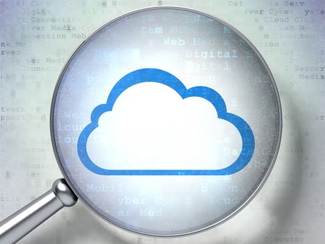 Cloud computing concept: magnifying optical glass with Cloud icon on digital background, 3d render