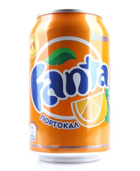 AYTOS, BULGARIA - JANUARY 23, 2014: Fanta bottle can isolated on white background. Fanta is a carbonated soft drink sold in stores, restaurants, and vending machines throughout the world.