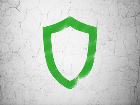 Security concept: Green Contoured Shield on textured concrete wall background, 3d render