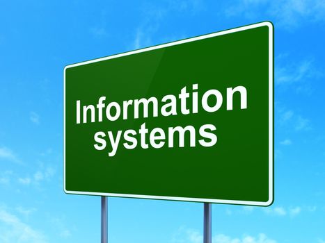 Information concept: Information Systems on green road (highway) sign, clear blue sky background, 3d render