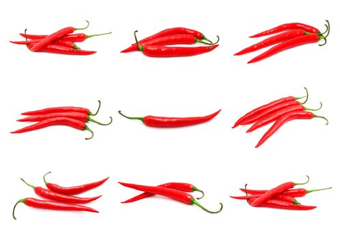 Collection of red hot chili peppers isolated on white background