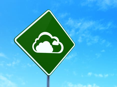 Cloud computing concept: Cloud on green road (highway) sign, clear blue sky background, 3d render