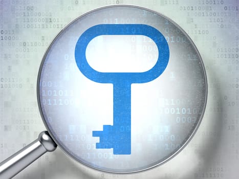 Protection concept: magnifying optical glass with Key icon on digital background, 3d render