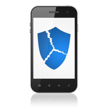 Security concept: smartphone with Broken Shield icon on display. Mobile smart phone on White background, cell phone 3d render