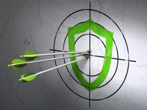 Success privacy concept: arrows hitting the center of Green Contoured Shield target on wall background, 3d render