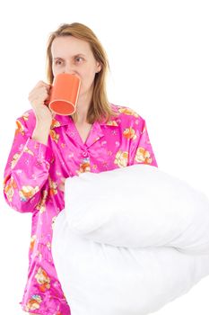 Sleepy woman drinking morning coffee