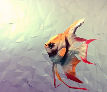 Scalar in water 3d render computer graphic illustration in mosaic flat surface style. Wallpaper with red, black, white and yellow exotic fish in aquarium.