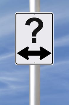 A modified one way street sign with a question mark