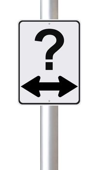 A modified one way street sign with a question mark