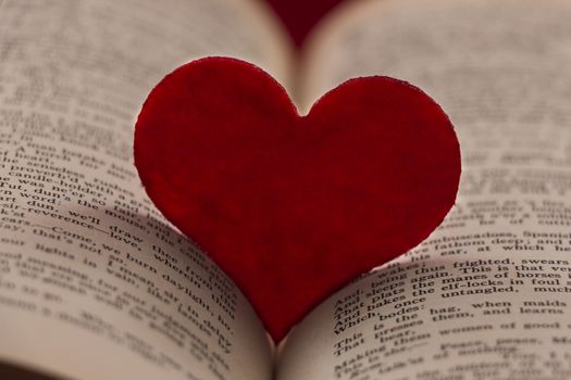 Heart between the pages of a book for love and Valentines Day concept