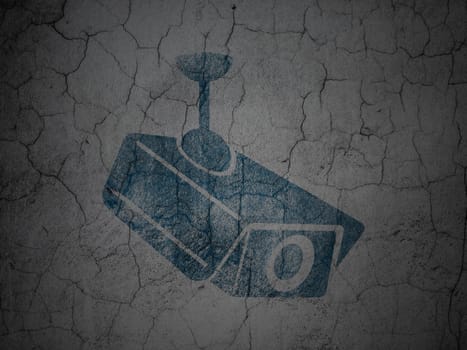 Protection concept: Blue Cctv Camera on grunge textured concrete wall background, 3d render