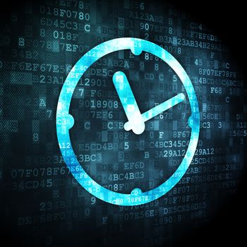 Time concept: pixelated Clock icon on digital background, 3d render