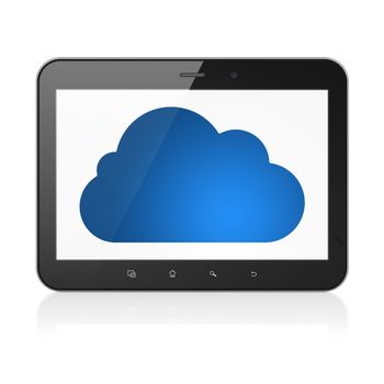 Cloud networking concept: black tablet pc computer with Cloud icon on display. Modern portable touch pad on White background, 3d render