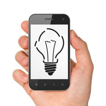 Business concept: hand holding smartphone with Light Bulb on display. Mobile smart phone on White background, 3d render