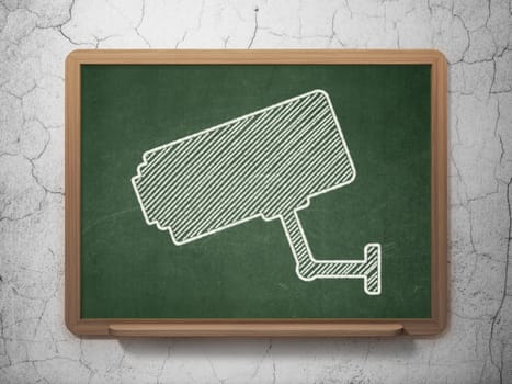 Protection concept: Cctv Camera icon on Green chalkboard on grunge wall background, 3d render