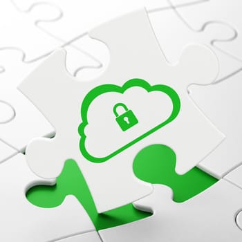Cloud computing concept: Cloud With Padlock on White puzzle pieces background, 3d render