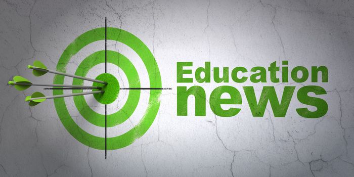 Success news concept: arrows hitting the center of target, Green Education News on wall background, 3d render