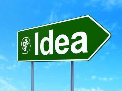 Marketing concept: Idea and Head With Gears icon on green road (highway) sign, clear blue sky background, 3d render