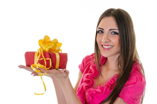 Happy Beautiful Brunette Young Woman with Gift Box, Horizontal shot over white background 